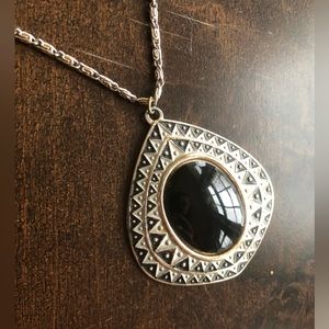 Vintage Faux Onyx 70s 80s Pendant Necklace Silver and Black